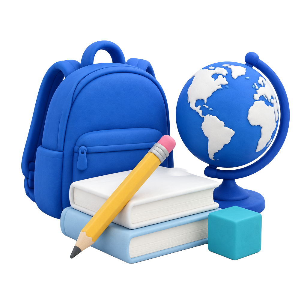 Blue school backpack, books and a globe